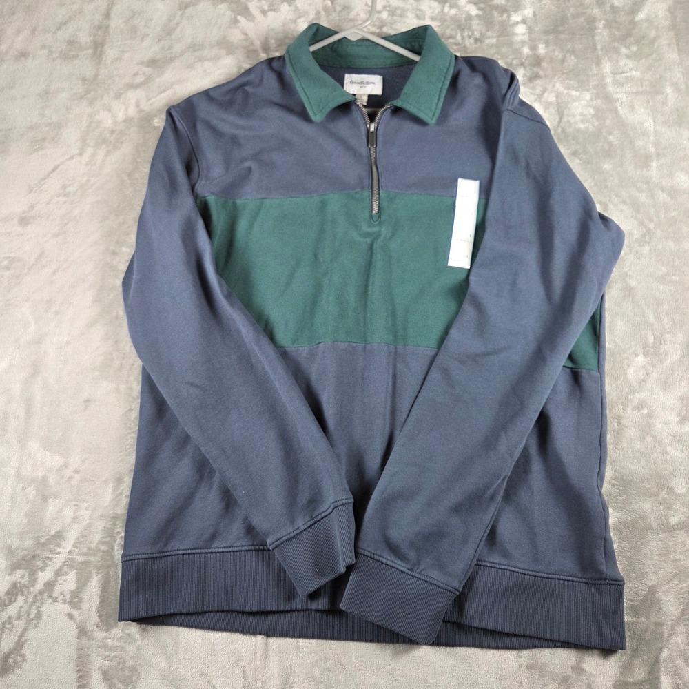 Goodfellow Preppy Colorblock Quarter Zip Fleece Pullover Blue Green L NWT